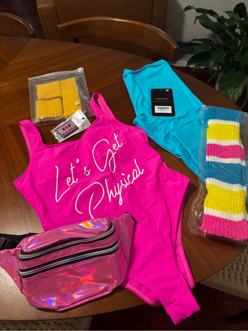 Bright Pink "Let's Get Physical" One-Piece Aerobics Workout costume